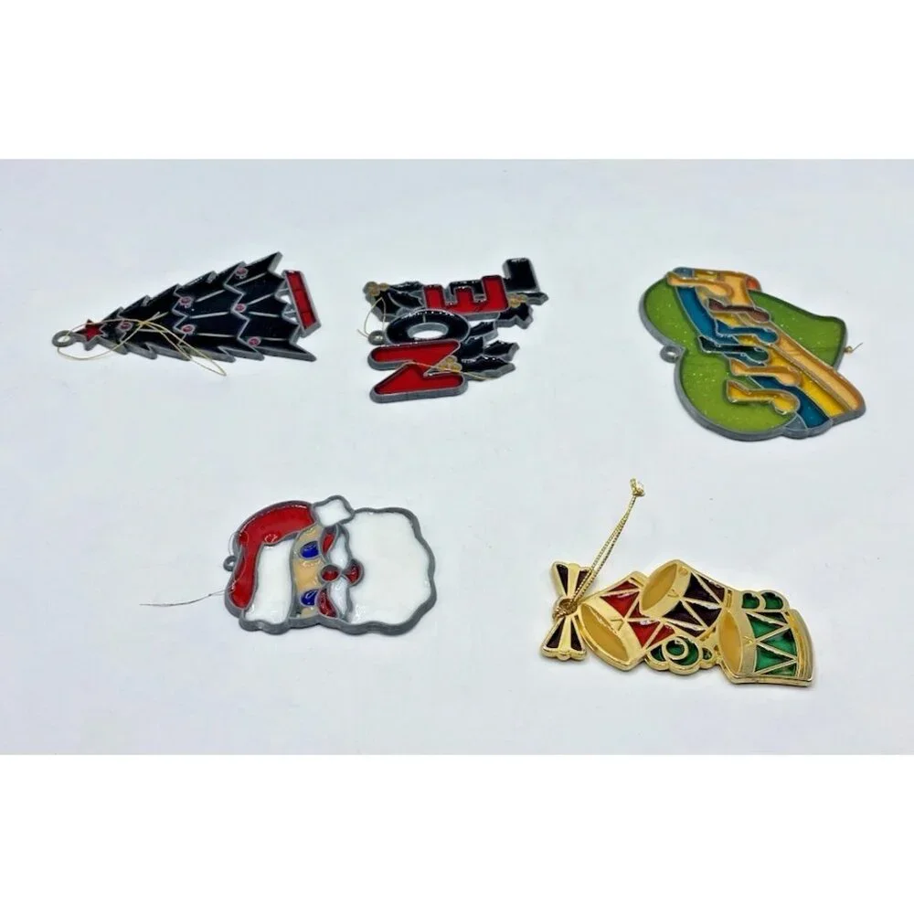 Lot 5 Vintage Plastic Christmas Ornaments Faux Stained Glass Suncatchers Decor